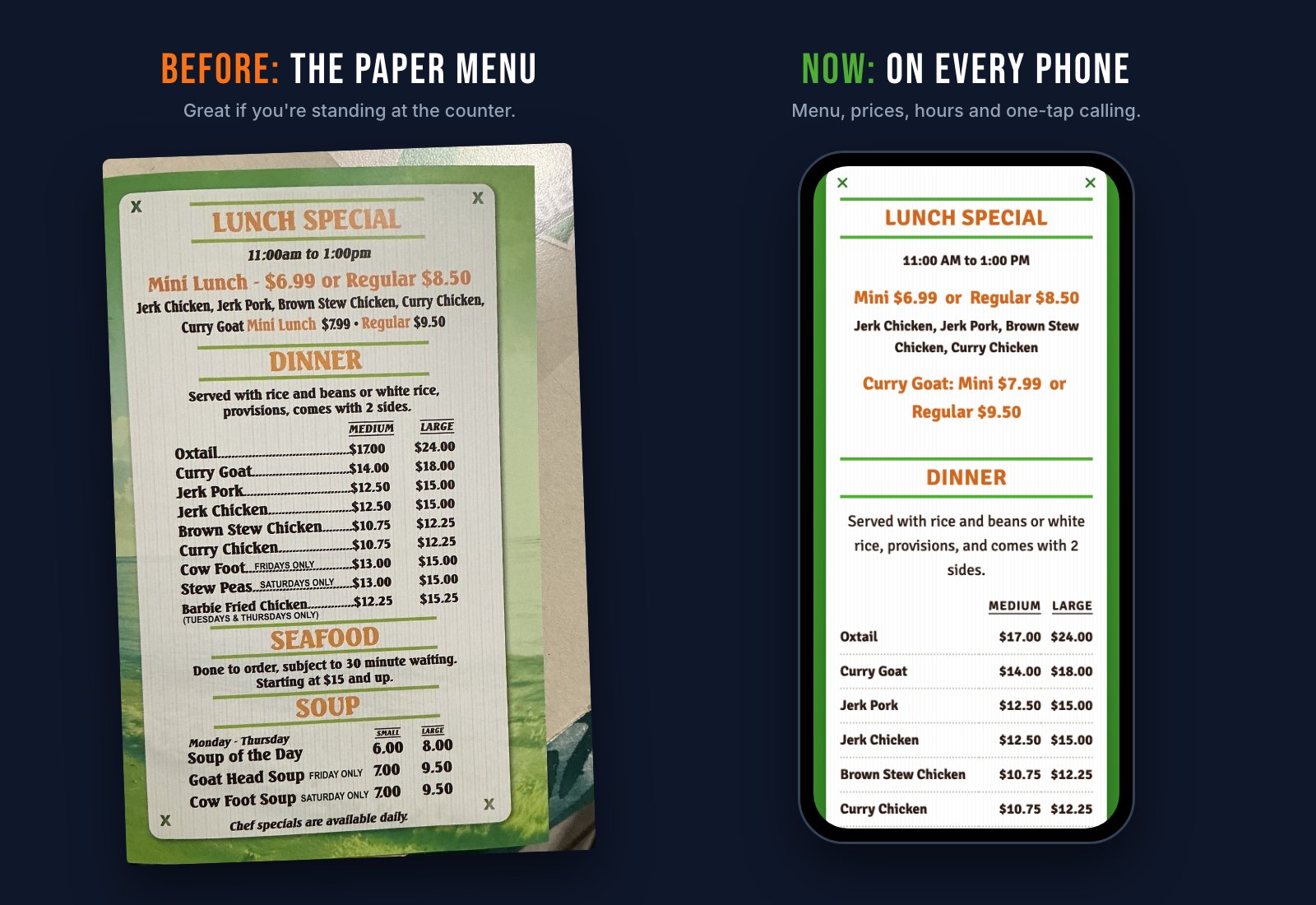 Side by side: the D&D Meat paper menu and the same menu on the new website on a phone