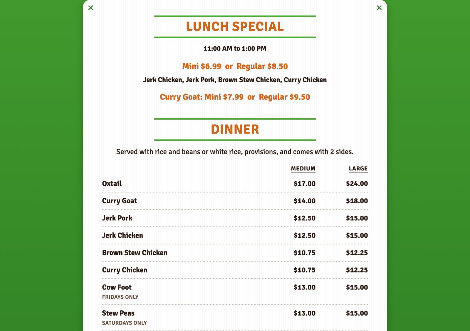 The food menu section of the D&D Meat website